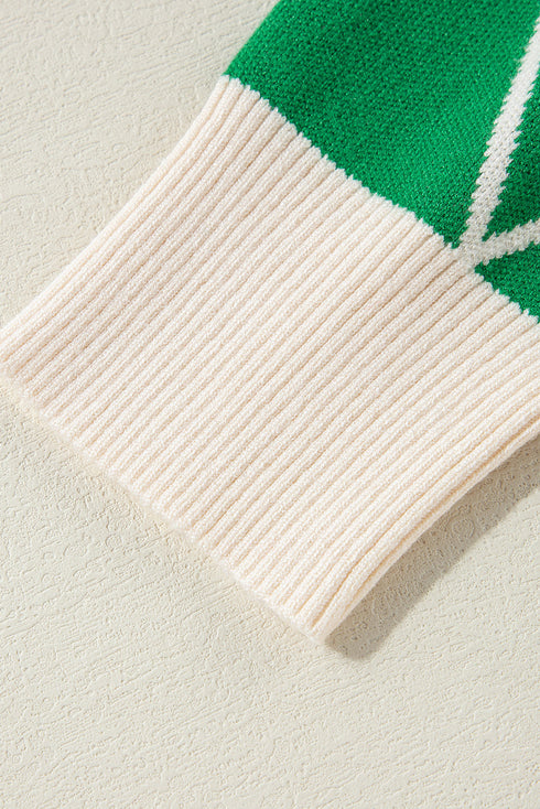 Mock Neck Diamond Grid Bobble Knit Sweater