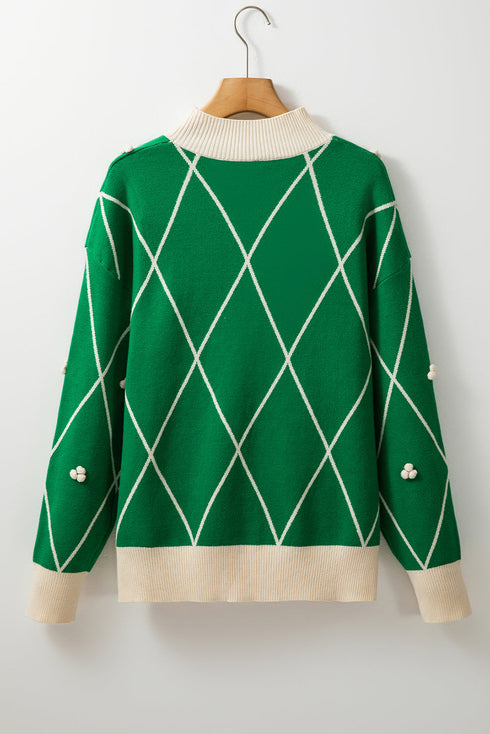 Mock Neck Diamond Grid Bobble Knit Sweater