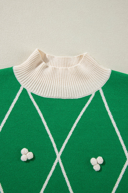 Mock Neck Diamond Grid Bobble Knit Sweater