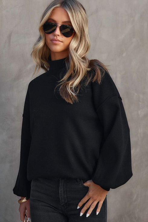 Mock Neck Exposed Seam Balloon Sleeve Sweater