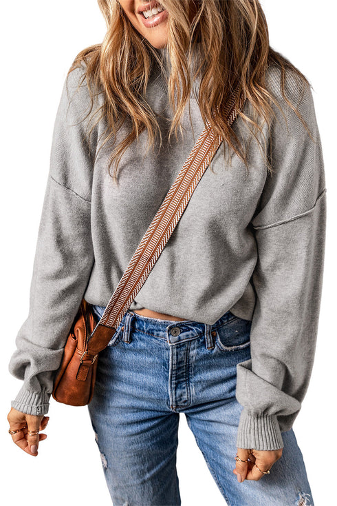 Mock Neck Exposed Seam Balloon Sleeve Sweater