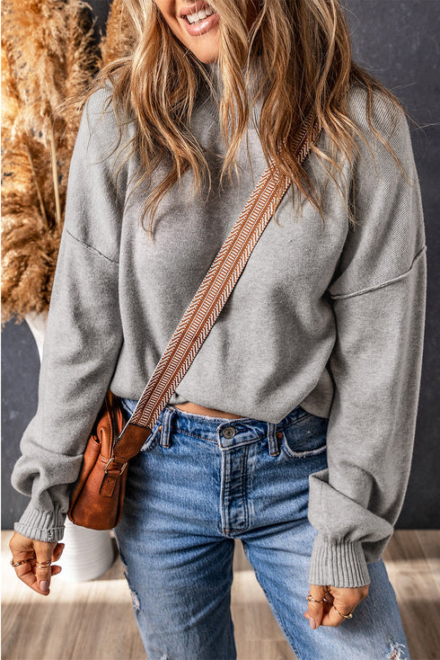 Mock Neck Exposed Seam Balloon Sleeve Sweater