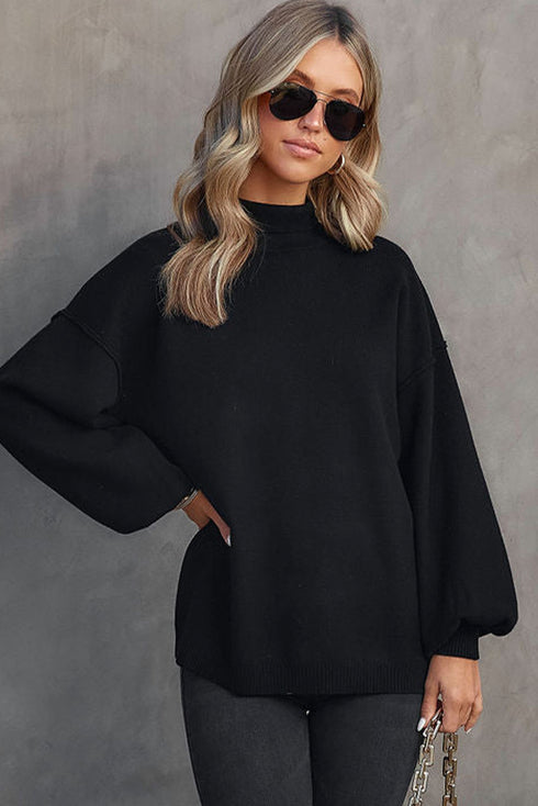 Mock Neck Exposed Seam Balloon Sleeve Sweater