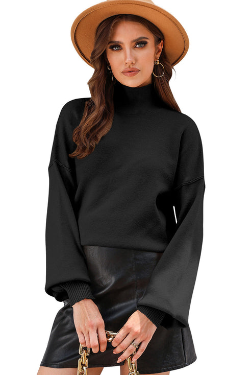 Mock Neck Exposed Seam Balloon Sleeve Sweater