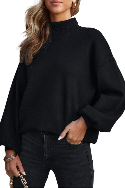Mock Neck Exposed Seam Balloon Sleeve Sweater