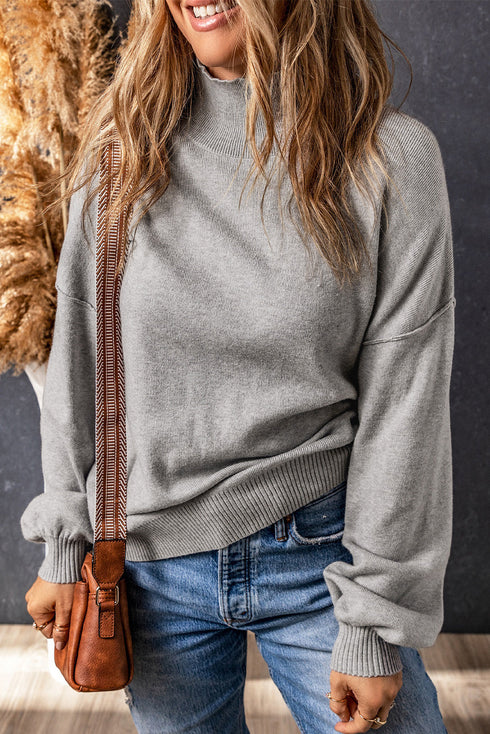 Mock Neck Exposed Seam Balloon Sleeve Sweater