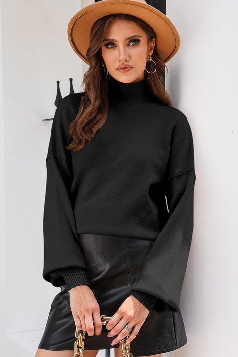Mock Neck Exposed Seam Balloon Sleeve Sweater