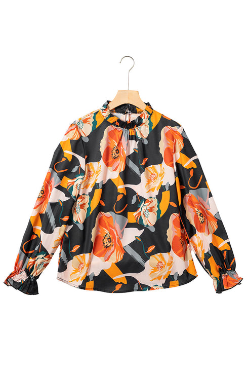 Mock Neck Floral Print Long Sleeve Woven Blouse