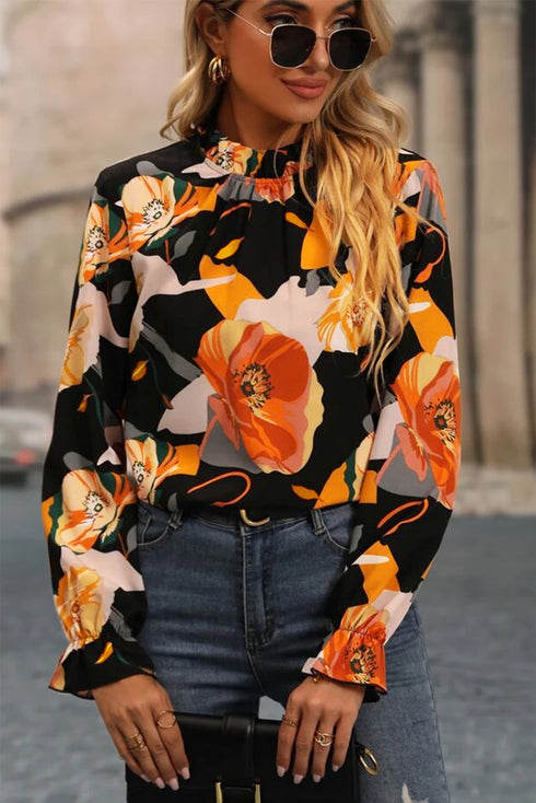 Mock Neck Floral Print Long Sleeve Woven Blouse