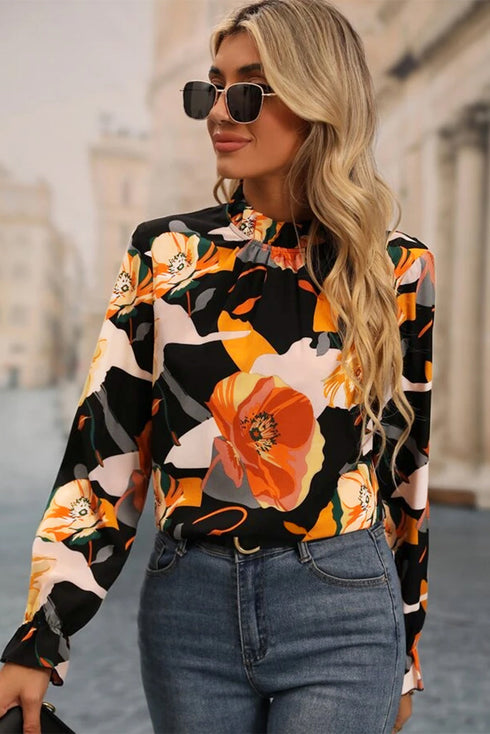 Mock Neck Floral Print Long Sleeve Woven Blouse
