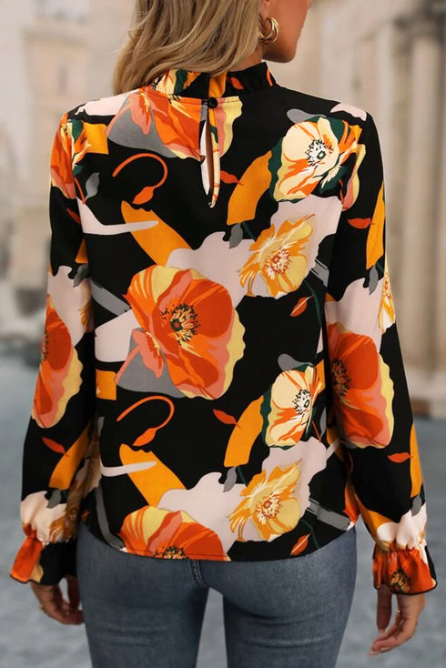 Mock Neck Floral Print Long Sleeve Woven Blouse