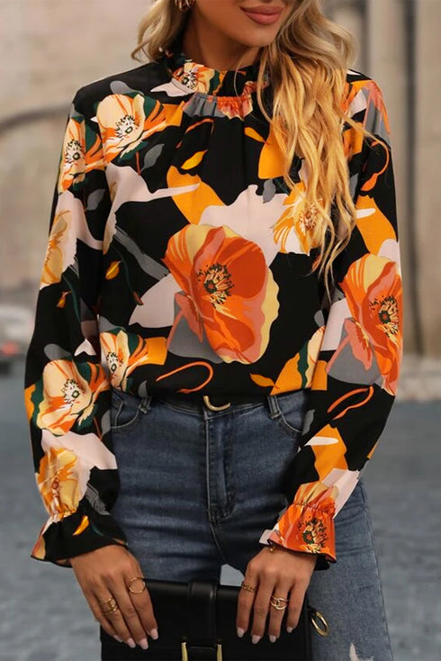 Mock Neck Floral Print Long Sleeve Woven Blouse