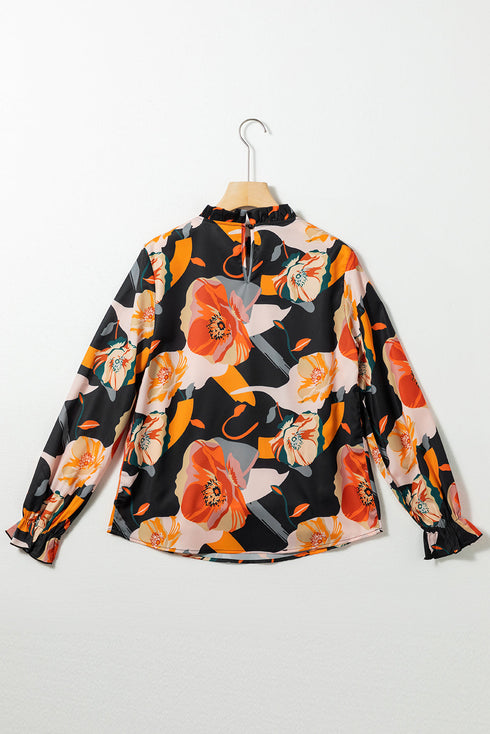 Mock Neck Floral Print Long Sleeve Woven Blouse