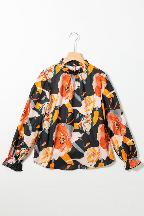 Mock Neck Floral Print Long Sleeve Woven Blouse