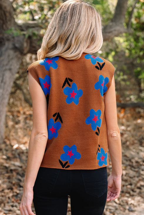 Mock Neck Graphic Floral Knit Sweater Vest