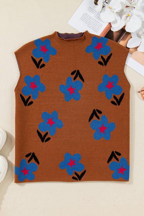 Mock Neck Graphic Floral Knit Sweater Vest