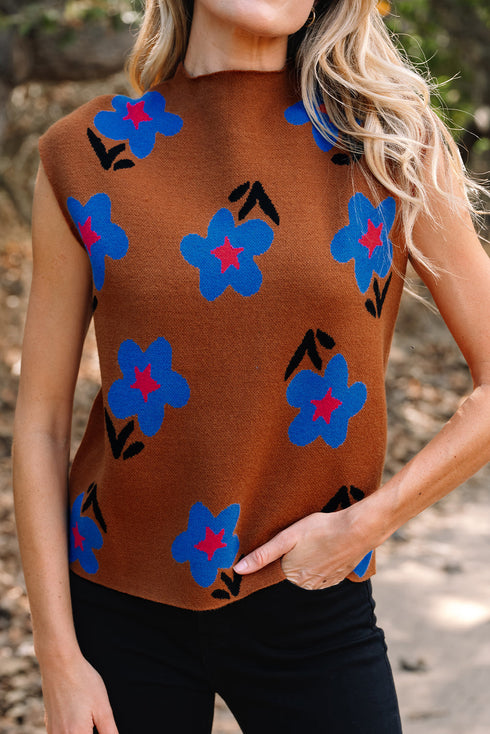 Mock Neck Graphic Floral Knit Sweater Vest