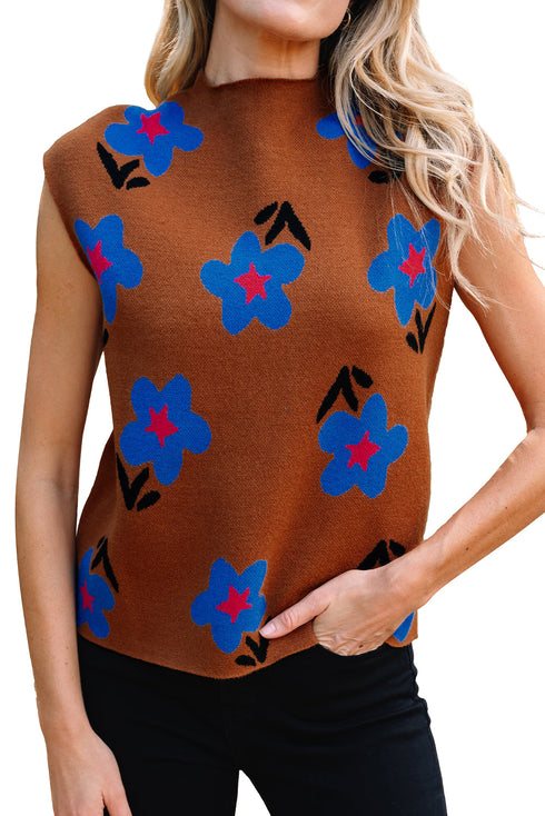 Mock Neck Graphic Floral Knit Sweater Vest