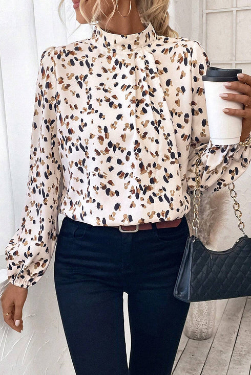 Mock Neck Pleated Lantern Sleeve Animal Print Blouse