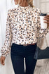 Mock Neck Pleated Lantern Sleeve Animal Print Blouse