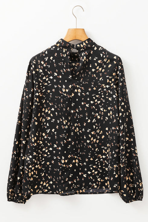 Mock Neck Pleated Lantern Sleeve Animal Print Blouse