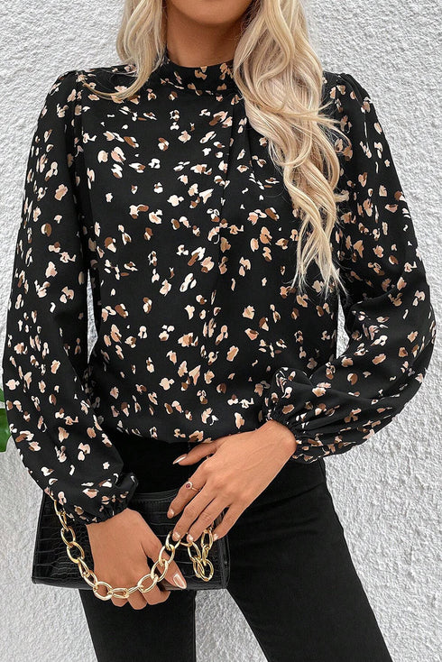 Mock Neck Pleated Lantern Sleeve Animal Print Blouse