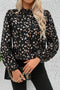 Mock Neck Pleated Lantern Sleeve Animal Print Blouse
