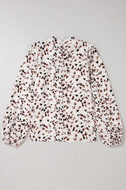 Mock Neck Pleated Lantern Sleeve Animal Print Blouse