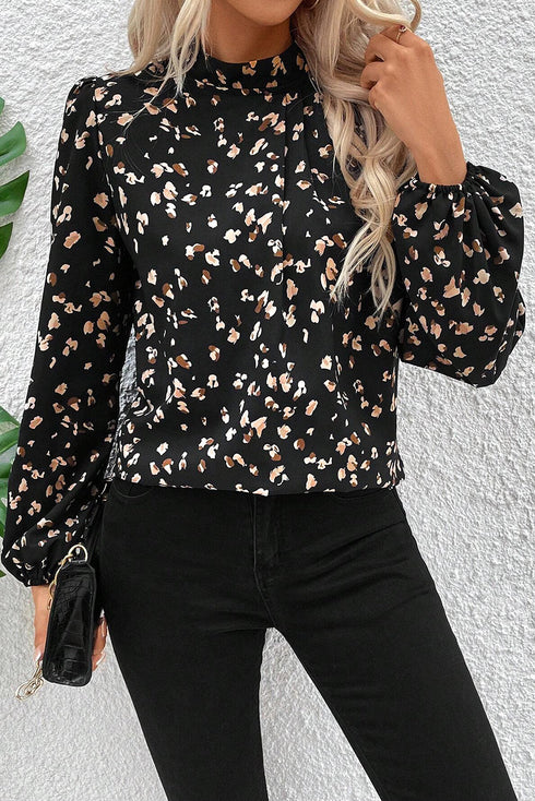 Mock Neck Pleated Lantern Sleeve Animal Print Blouse