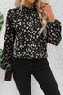 Mock Neck Pleated Lantern Sleeve Animal Print Blouse