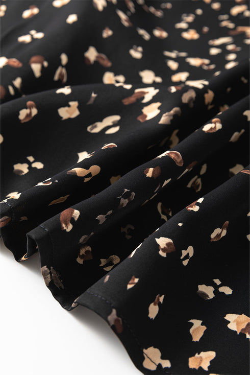Mock Neck Pleated Lantern Sleeve Animal Print Blouse