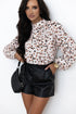 Mock Neck Pleated Lantern Sleeve Animal Print Blouse