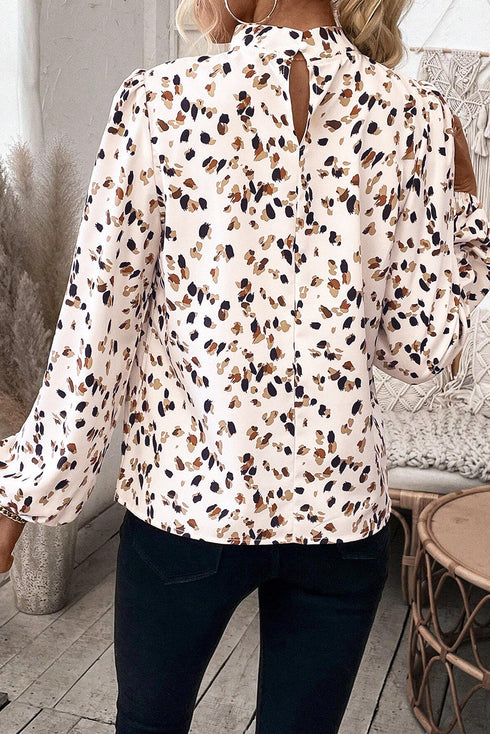 Mock Neck Pleated Lantern Sleeve Animal Print Blouse