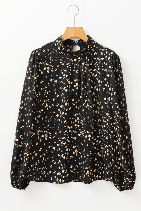 Mock Neck Pleated Lantern Sleeve Animal Print Blouse