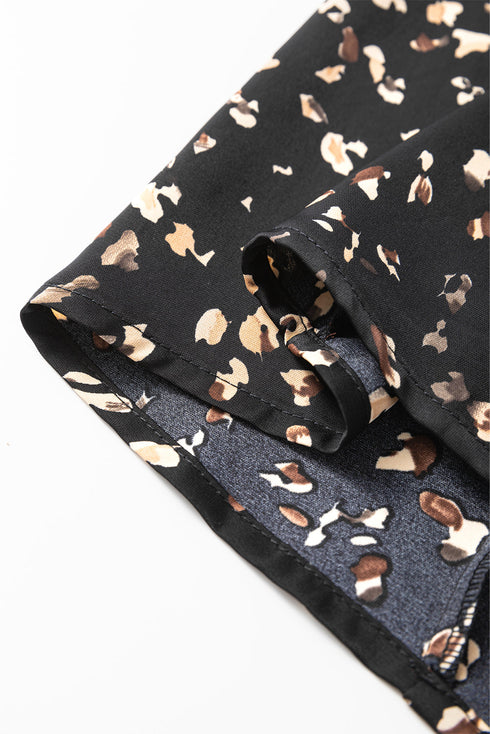 Mock Neck Pleated Lantern Sleeve Animal Print Blouse