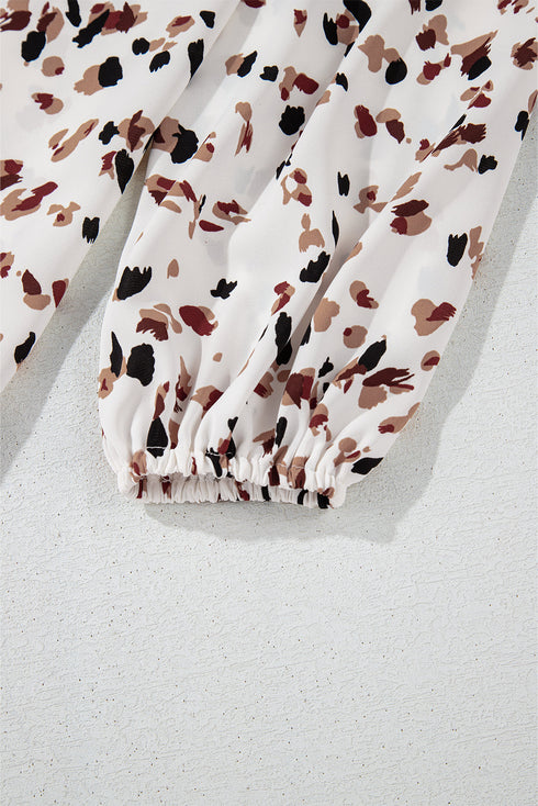 Mock Neck Pleated Lantern Sleeve Animal Print Blouse