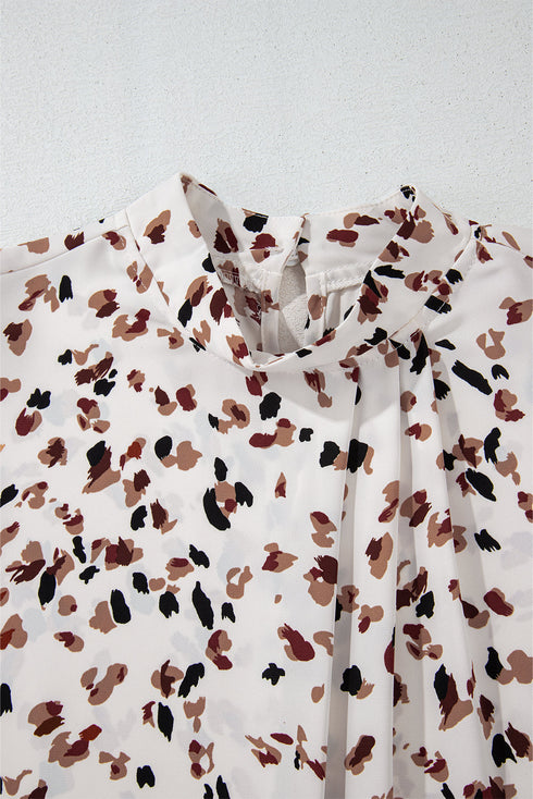 Mock Neck Pleated Lantern Sleeve Animal Print Blouse