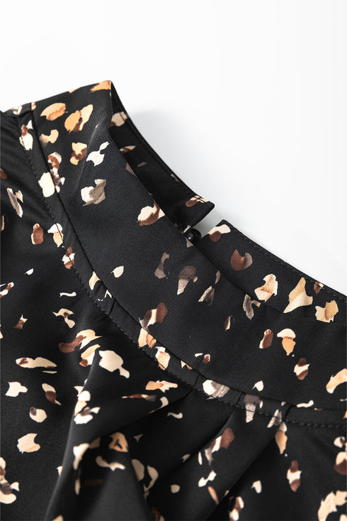 Mock Neck Pleated Lantern Sleeve Animal Print Blouse