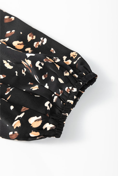 Mock Neck Pleated Lantern Sleeve Animal Print Blouse