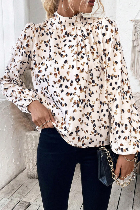 Mock Neck Pleated Lantern Sleeve Animal Print Blouse