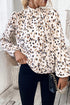 Mock Neck Pleated Lantern Sleeve Animal Print Blouse