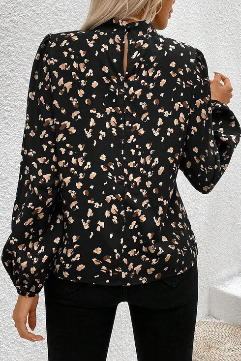 Mock Neck Pleated Lantern Sleeve Animal Print Blouse