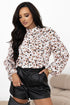 Mock Neck Pleated Lantern Sleeve Animal Print Blouse