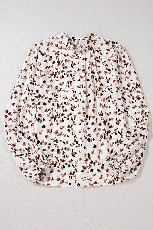 Mock Neck Pleated Lantern Sleeve Animal Print Blouse