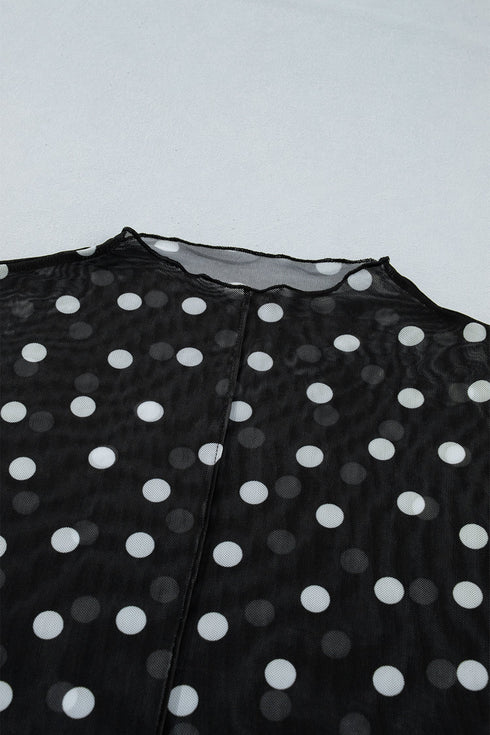 Mock Neck Polka Dot Sheer Mesh Long Sleeve Top