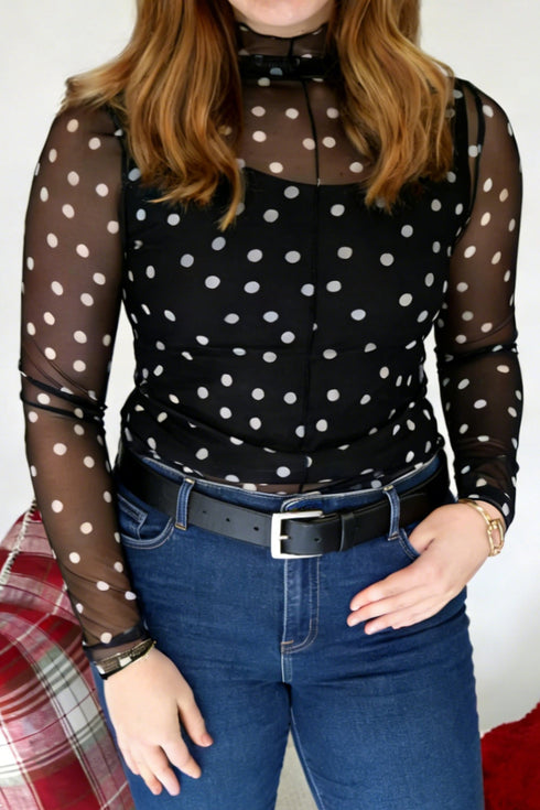 Mock Neck Polka Dot Sheer Mesh Long Sleeve Top