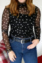 Mock Neck Polka Dot Sheer Mesh Long Sleeve Top