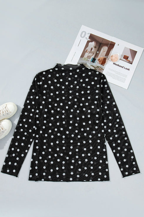 Mock Neck Polka Dot Sheer Mesh Long Sleeve Top