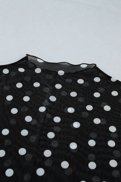 Mock Neck Polka Dot Sheer Mesh Long Sleeve Top
