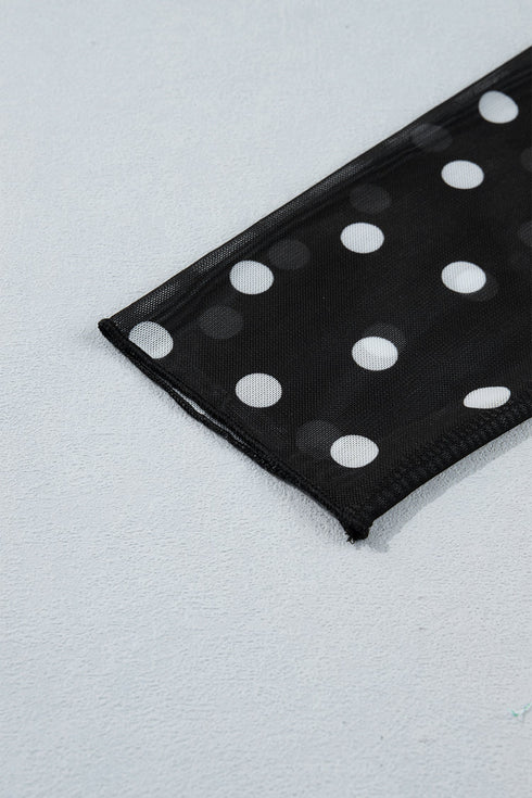 Mock Neck Polka Dot Sheer Mesh Long Sleeve Top